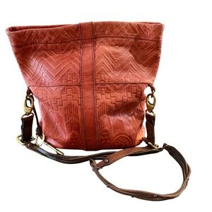 Fossil Vintage Revival Embossed Y2K Leather Bag Rust Crossbody Flap Charm purse